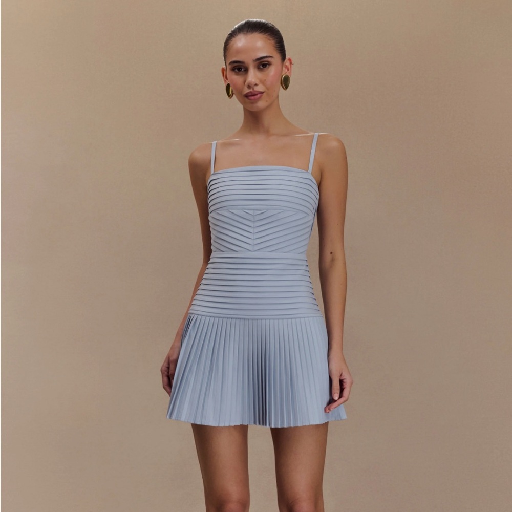 Meshki Rylee Multi Pleat Mini Dress - Ice Blue Size Large